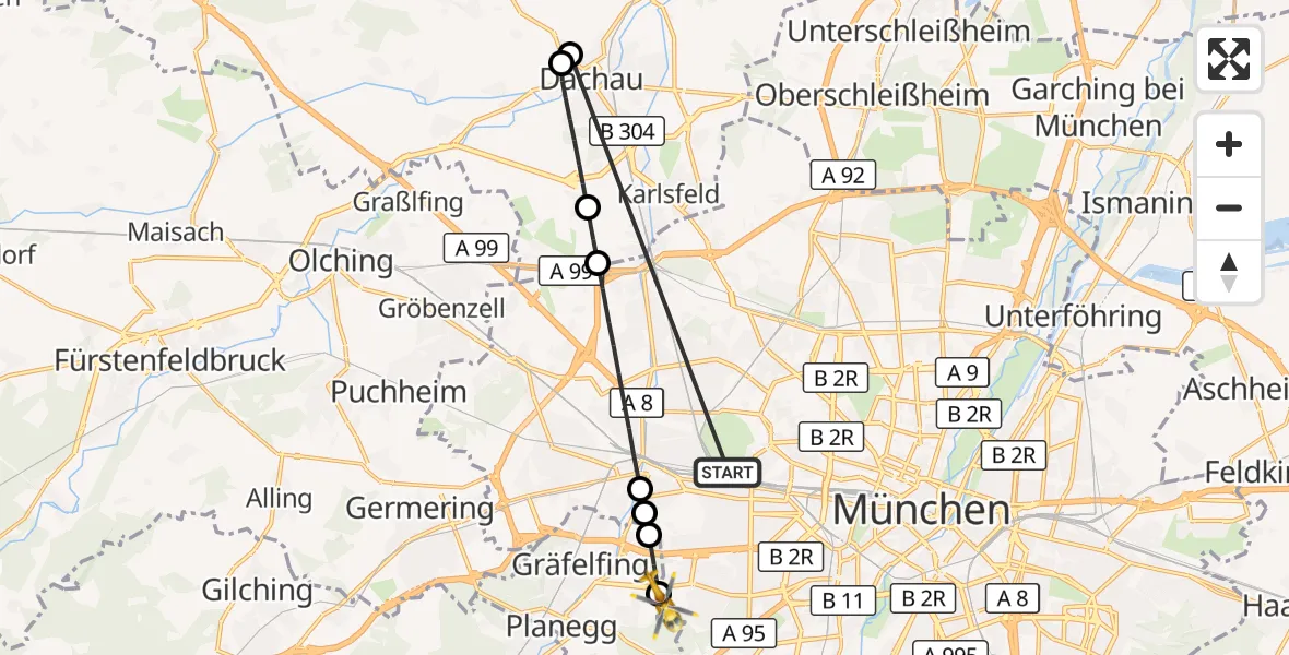 Flugroute Rettungshubschrauber München - DRF Air Rescue München Hubschrauberlandeplatz, 24 Oktober 2026, 20:42