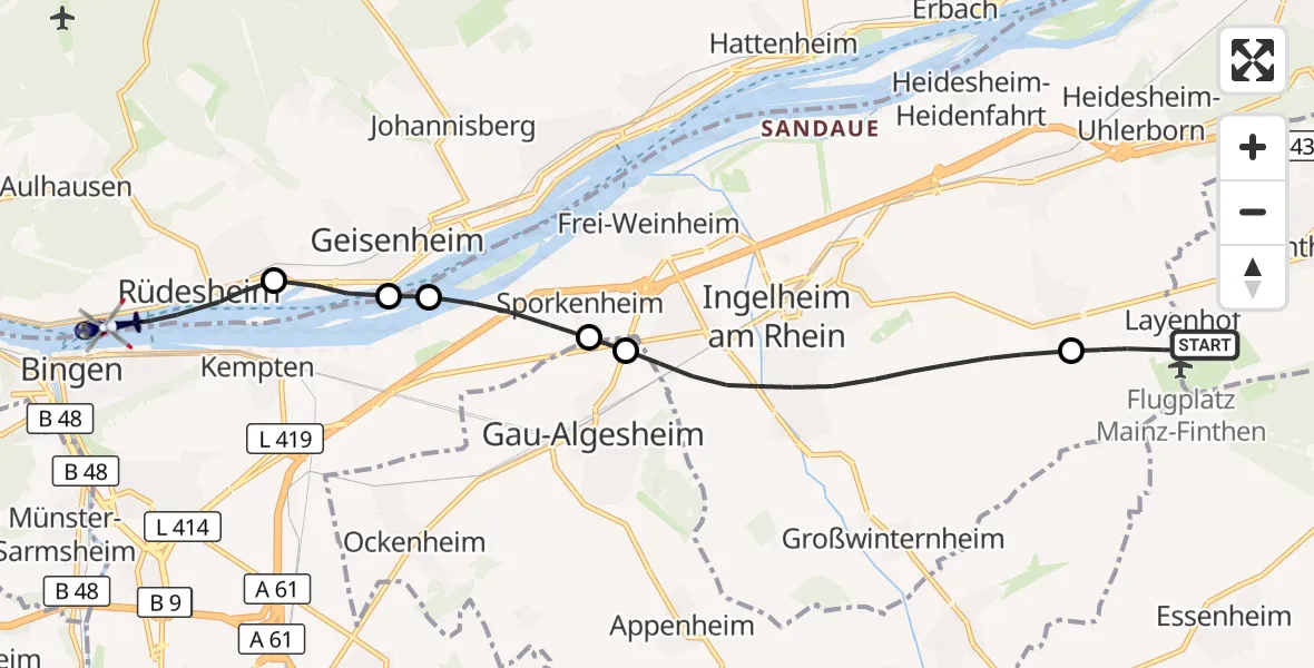 Flugroute Polizeihubschrauber Mainz-Finthen Flugplatz - Rüdesheim am Rhein, 24 Oktober 2026, 22:30