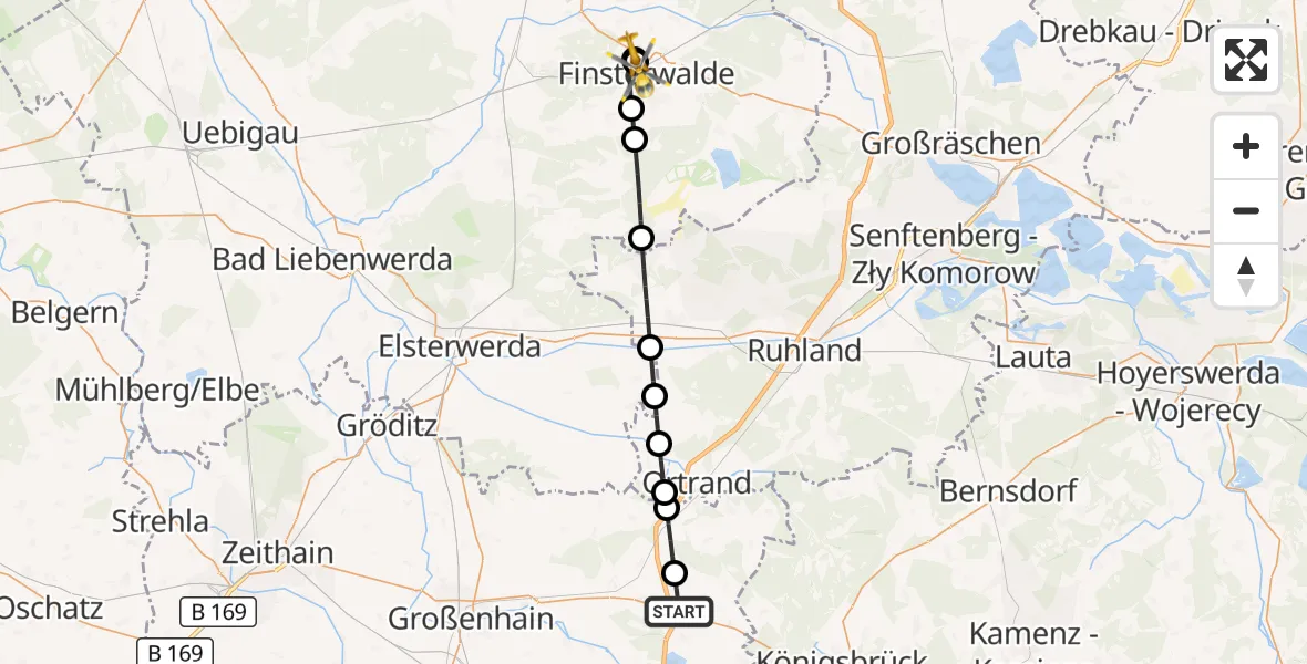 Flugroute Ambulanzhubschrauber Thiendorf - Elbe-Elster Hospital Finsterwalde, 24 Oktober 2026, 23:33