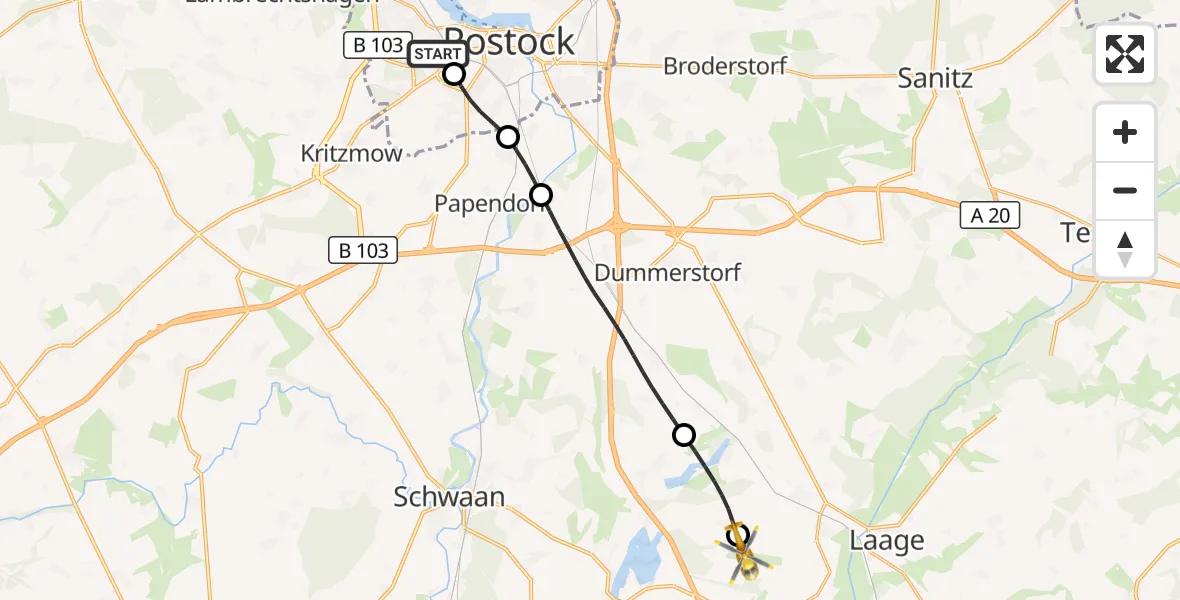 Flugroute Rettungshubschrauber Rostock University Hubschrauberlandeplatz - Flughafen Rostock-Laage, 24 Oktober 2026, 23:36
