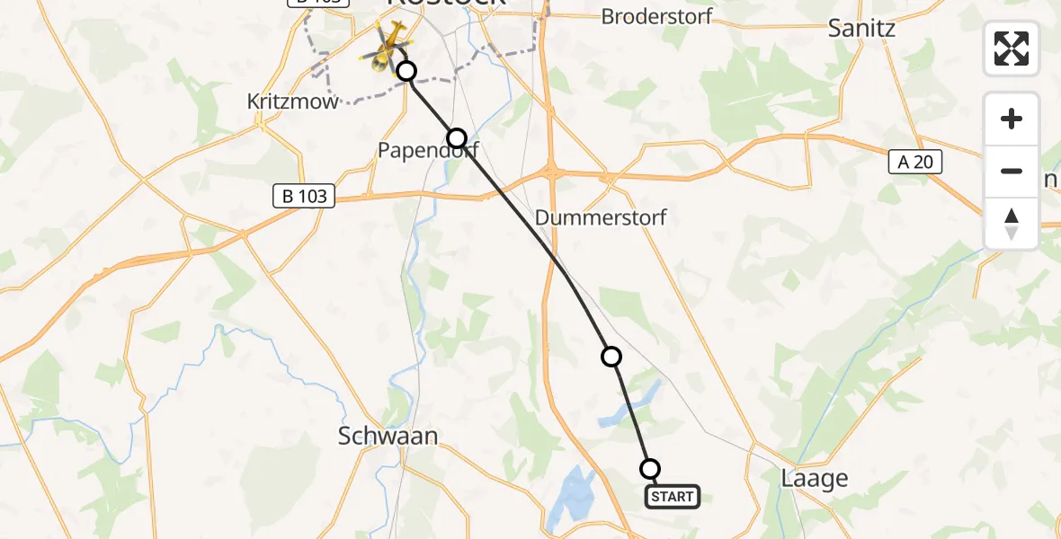 Flugroute Rettungshubschrauber Flughafen Rostock-Laage - Rostock, 25 Oktober 2026, 00:05