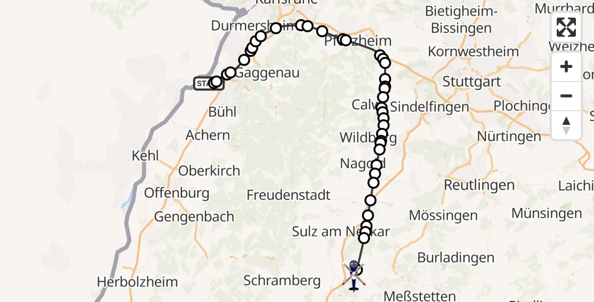Flugroute Polizeihubschrauber Karlsruhe Baden-Baden Flughafen - Dietingen, 25 Oktober 2026, 00:21