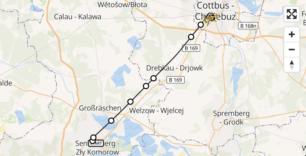 Flugroute Ambulanzhubschrauber Senftenberg - Carl Thien Hospital Cottbus, 25 Oktober 2026, 03:32