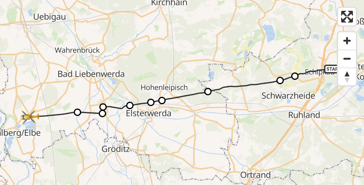 Flugroute Rettungshubschrauber Schipkau - Bad Liebenwerda, 25 Oktober 2026, 06:33