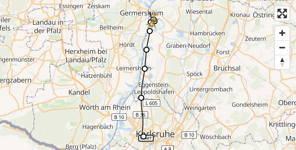 Flugroute Ambulanzhubschrauber Sankt Vincentius Hospital - Germersheim, 25 Oktober 2026, 06:37
