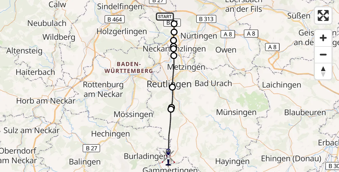 Flugroute Polizeihubschrauber Flughafen Stuttgart - Gammertingen, 25 Oktober 2026, 06:44