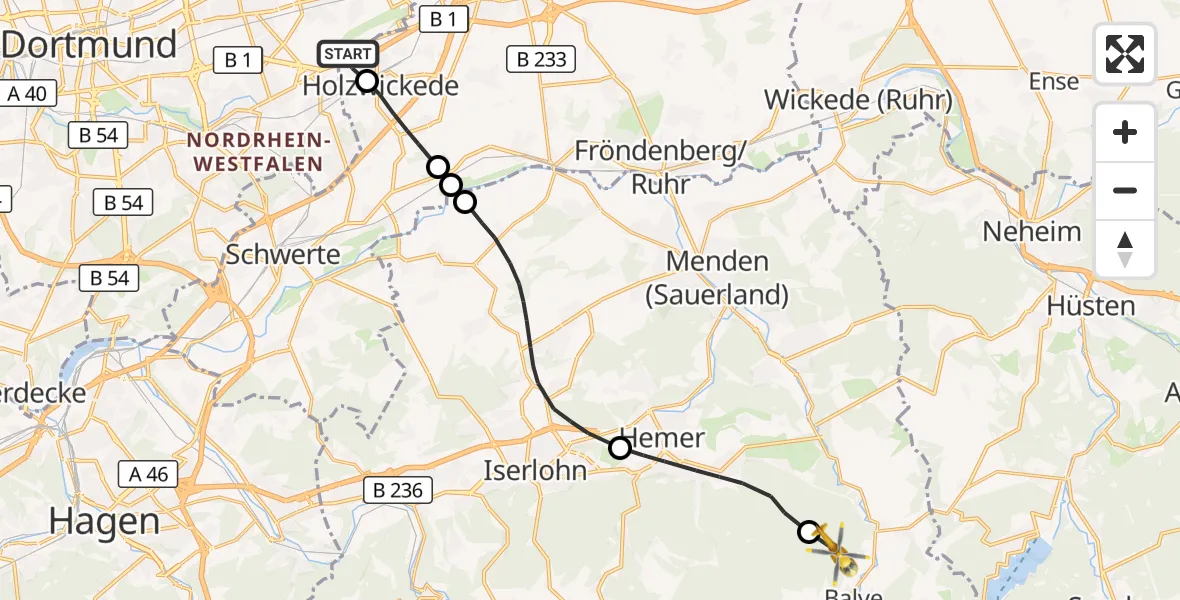 Flugroute Rettungshubschrauber Dortmund Flughafen - Balve, 25 Oktober 2026, 06:53