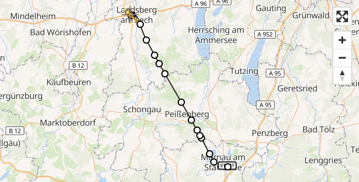 Flugroute Rettungshubschrauber Murnau Accident Hospital - Landsberg am Lech Hospital, 25 Oktober 2026, 07:18