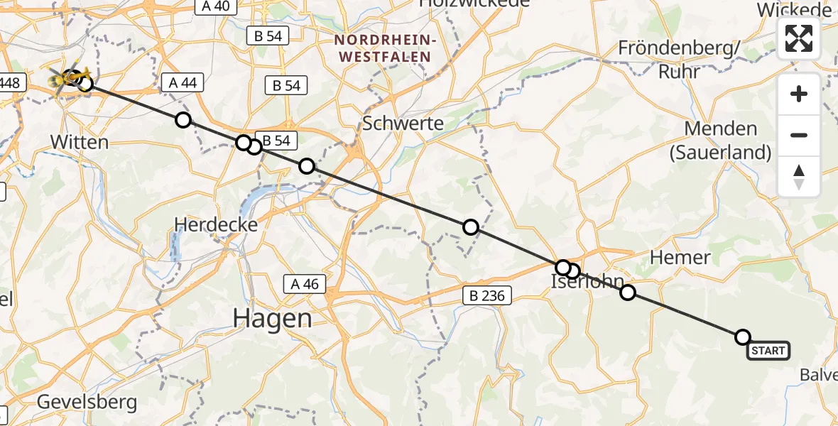 Flugroute Rettungshubschrauber Balve - Bochum University Miners' Hospital, 25 Oktober 2026, 07:28