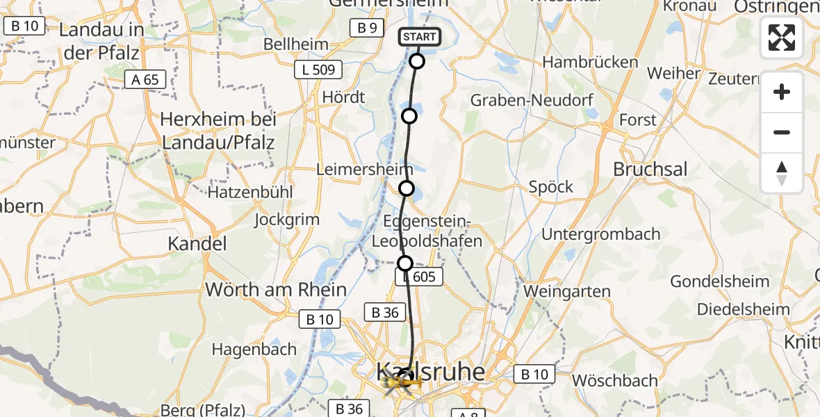 Flugroute Ambulanzhubschrauber Philippsburg - Sankt Vincentius Hospital, 25 Oktober 2026, 07:46