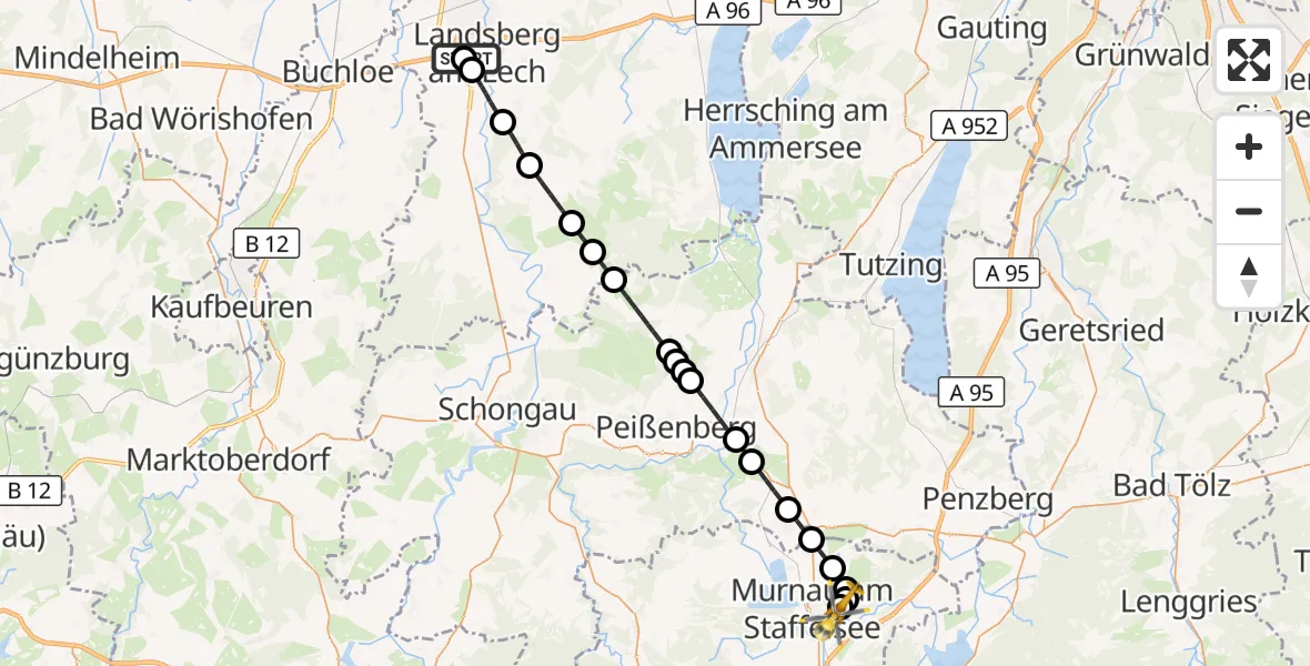 Flugroute Rettungshubschrauber Landsberg am Lech Hospital - Riegsee, 25 Oktober 2026, 08:02