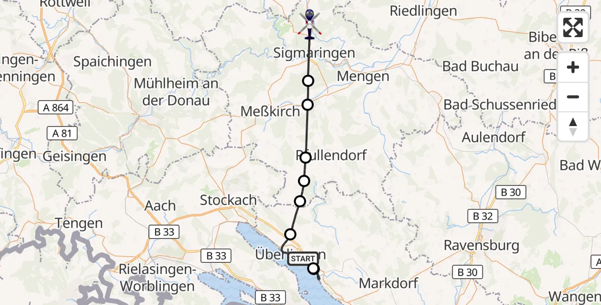 Flugroute Polizeihubschrauber Überlingen - Sigmaringen, 25 Oktober 2026, 08:14