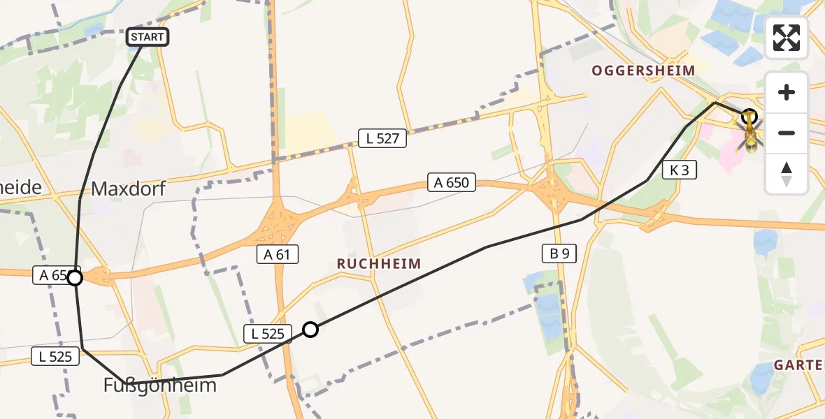 Flugroute Rettungshubschrauber Maxdorf - Ludwigshafen Accident Hospital, 25 Oktober 2026, 08:18