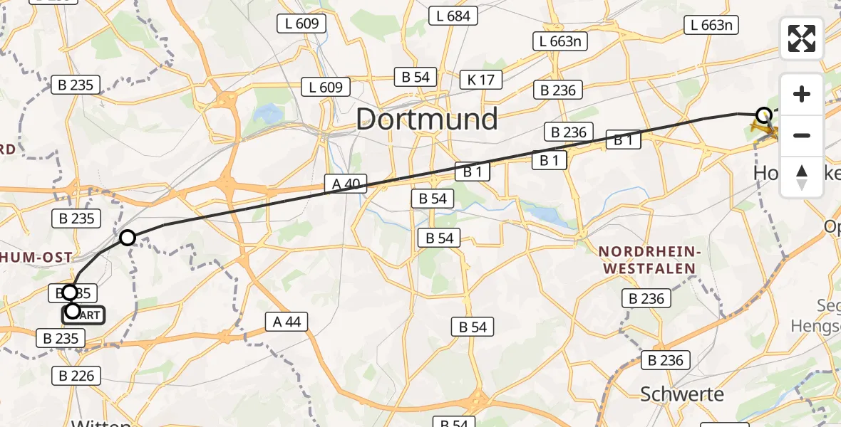 Flugroute Rettungshubschrauber Bochum University Miners' Hospital - Dortmund Flughafen, 25 Oktober 2026, 08:23