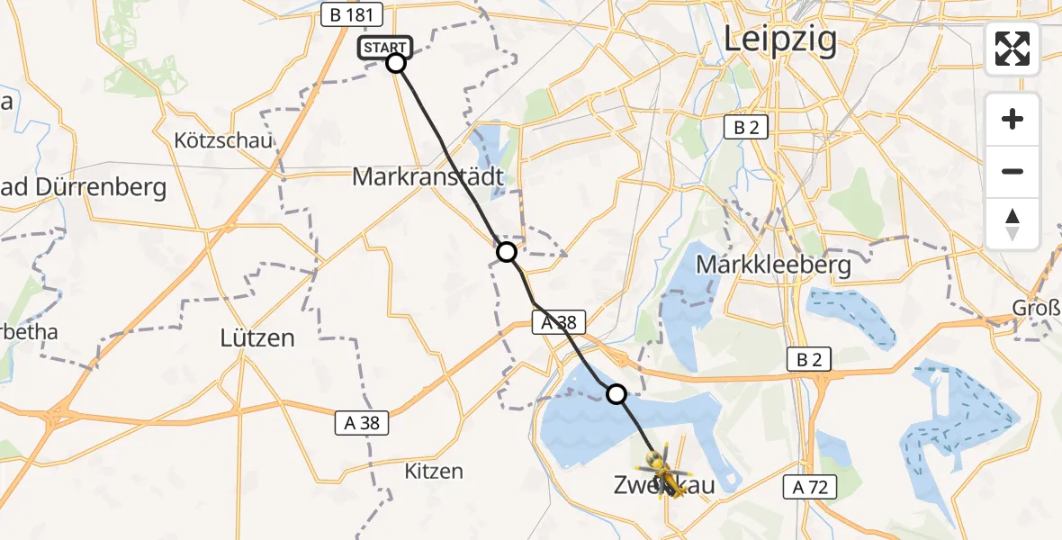 Flugroute Rettungshubschrauber Schkeuditz - Zwenkau, 25 Oktober 2026, 08:34