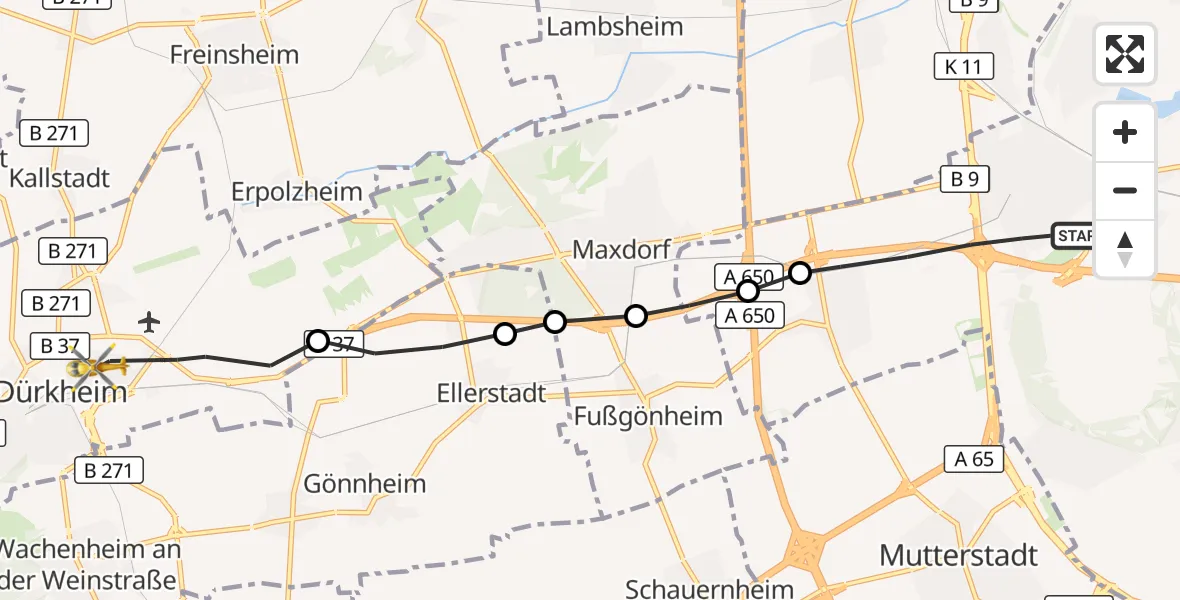 Flugroute Rettungshubschrauber Ludwigshafen am Rhein - Bad Dürkheim, 25 Oktober 2026, 08:35