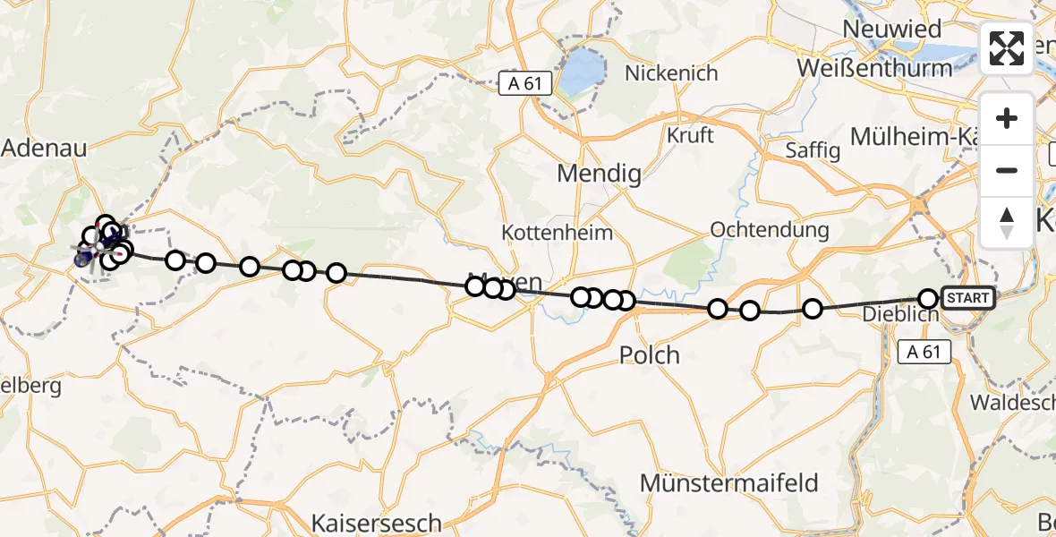 Flugroute Polizeihubschrauber Winningen - Meuspath, 25 Oktober 2026, 08:45
