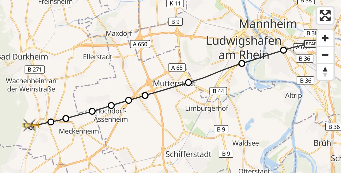 Flugroute Rettungshubschrauber Mannheim-City Flughafen - Deidesheim, 25 Oktober 2026, 08:50