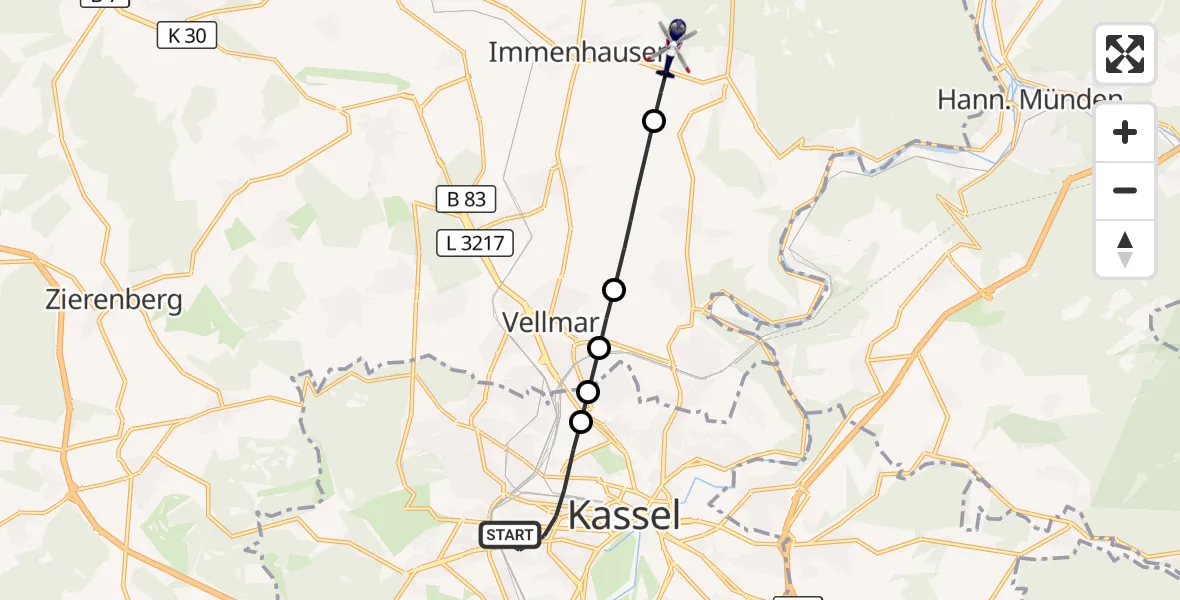 Flugroute Polizeihubschrauber Kassel - Immenhausen, 25 Oktober 2026, 09:23