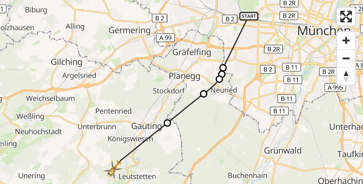 Flugroute Rettungshubschrauber München - Gauting, 25 Oktober 2026, 09:24