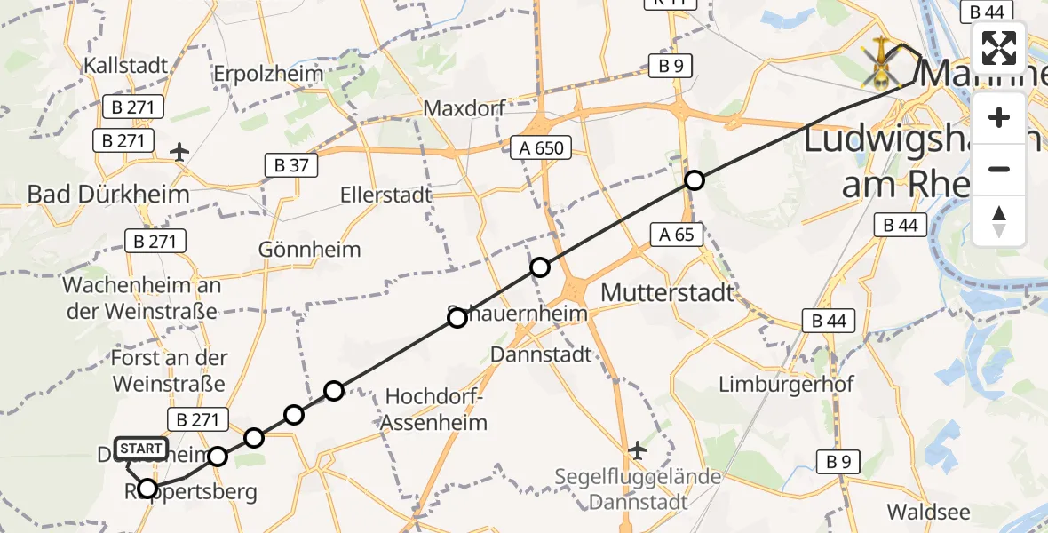Flugroute Rettungshubschrauber Deidesheim - Ludwigshafen am Rhein, 25 Oktober 2026, 09:36