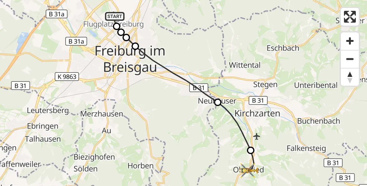 Flugroute Ambulanzhubschrauber Freiburg im Breisgau Flugplatz - Oberried, 25 Oktober 2026, 09:46