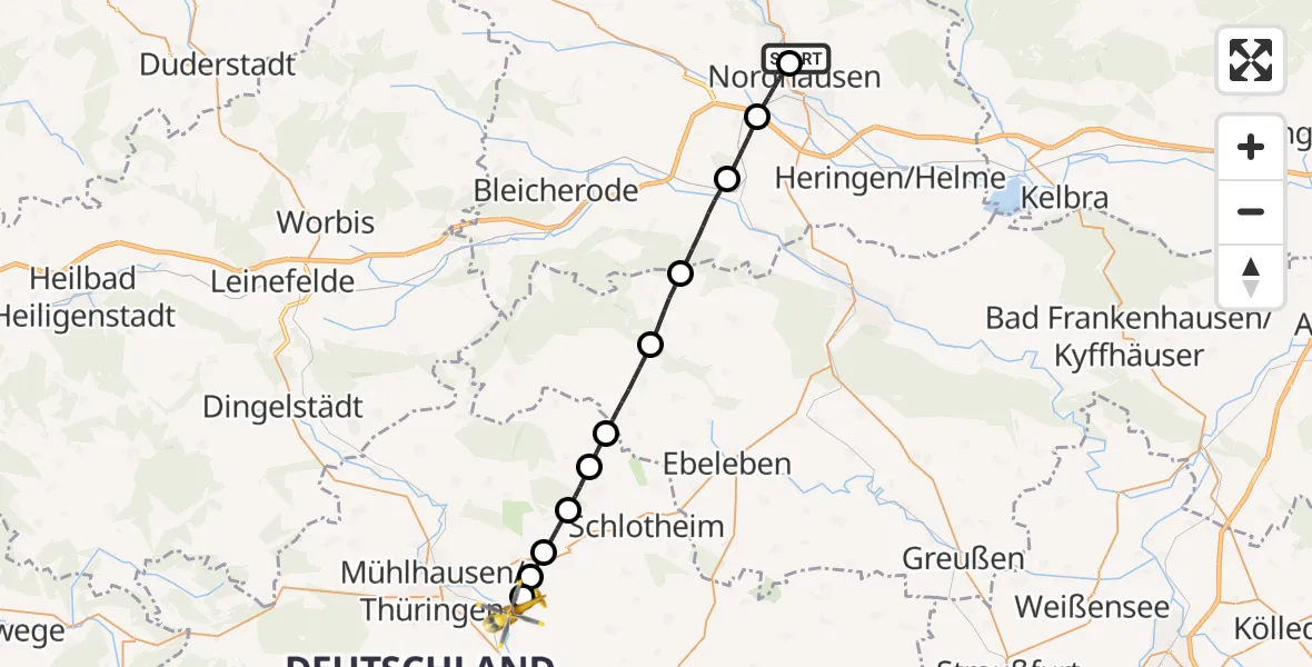 Flugroute Rettungshubschrauber Südharz Hospital Nordhausen - Mühlhausen/Thüringen, 25 Oktober 2026, 09:53