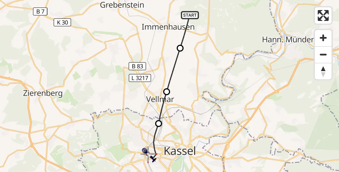 Flugroute Polizeihubschrauber Immenhausen - Kassel, 25 Oktober 2026, 10:16