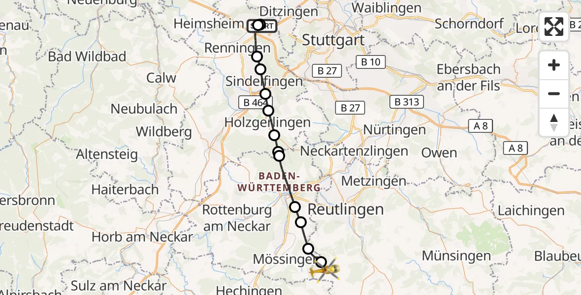 Flugroute Rettungshubschrauber Leonberg Hospital - Sonnenbühl, 25 Oktober 2026, 10:17