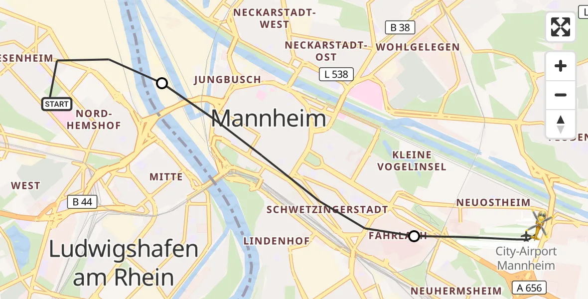 Flugroute Rettungshubschrauber Ludwigshafen am Rhein - Mannheim-City Flughafen, 25 Oktober 2026, 10:18