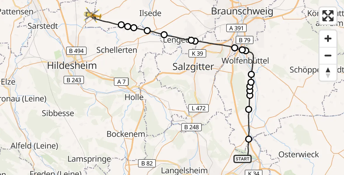 Flugroute Rettungshubschrauber Goslar - Hohenhameln, 25 Oktober 2026, 10:19