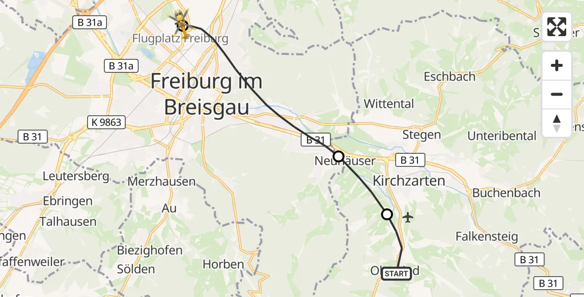 Flugroute Ambulanzhubschrauber Oberried - Freiburg im Breisgau Flugplatz, 25 Oktober 2026, 10:21