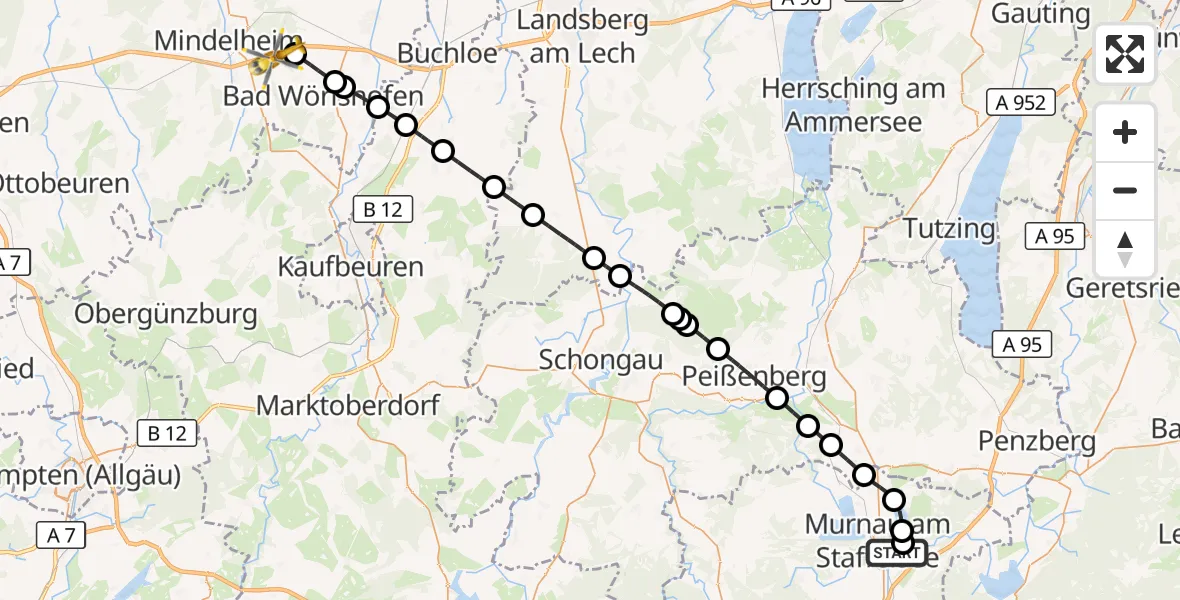 Flugroute Rettungshubschrauber Murnau a.Staffelsee - Mindelheim, 25 Oktober 2026, 10:24