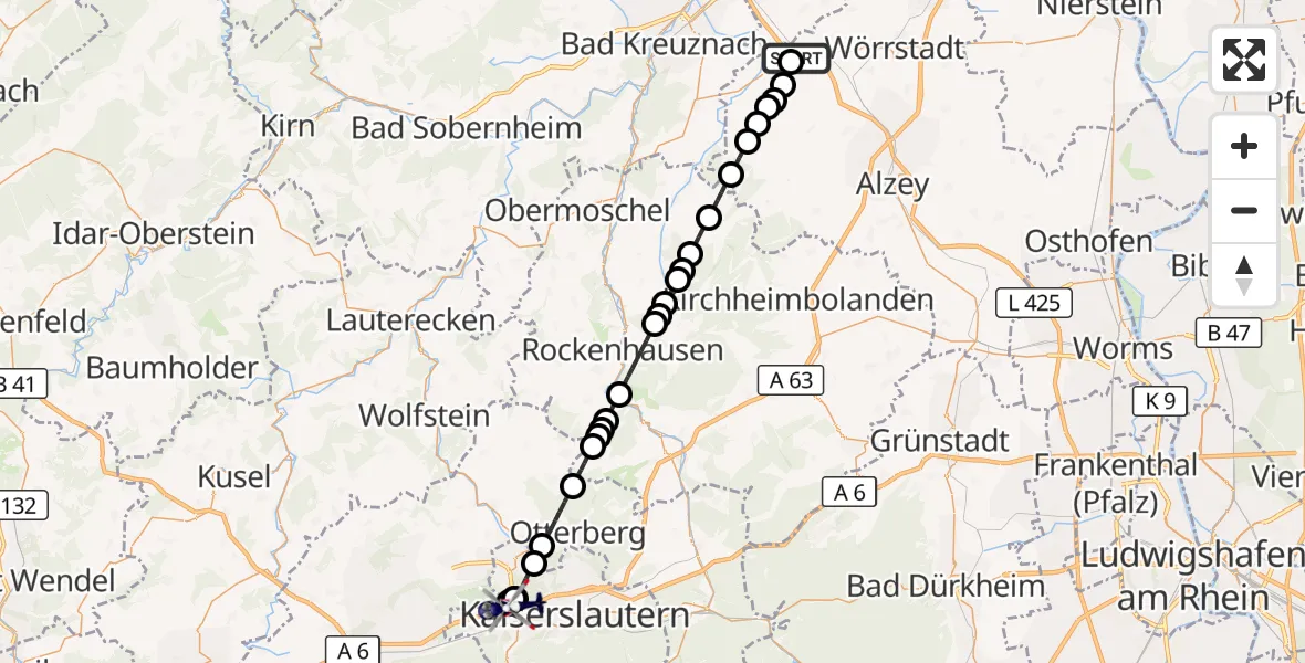 Flugroute Polizeihubschrauber Gau-Bickelheim - Kaiserslautern, 25 Oktober 2026, 10:29