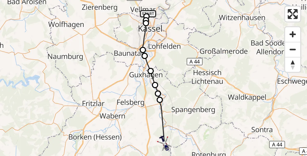 Flugroute Polizeihubschrauber Vellmar - Knüllwald, 25 Oktober 2026, 10:30