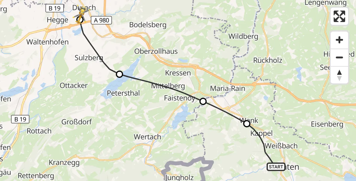 Flugroute Rettungshubschrauber Pfronten - Kempten-Durach Flugplatz, 25 Oktober 2026, 10:37