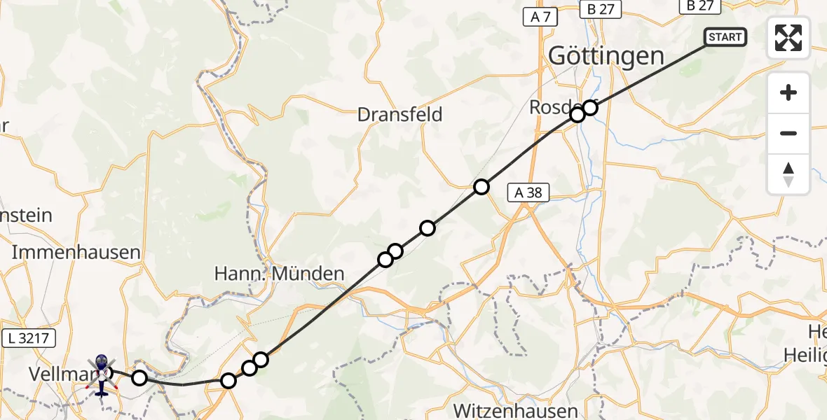 Flugroute Polizeihubschrauber Göttingen - Fuldatal Bundespolizei Hubschrauberlandeplatz, 25 Oktober 2026, 10:38
