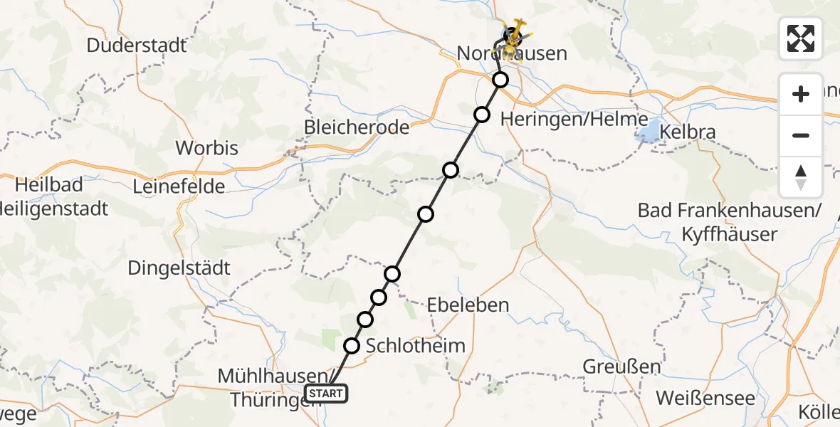 Flugroute Rettungshubschrauber Mühlhausen/Thüringen - Südharz Hospital Nordhausen, 25 Oktober 2026, 10:38