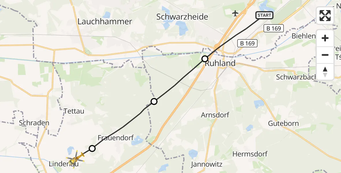 Flugroute Rettungshubschrauber Schwarzheide - Lindenau, 25 Oktober 2026, 10:40