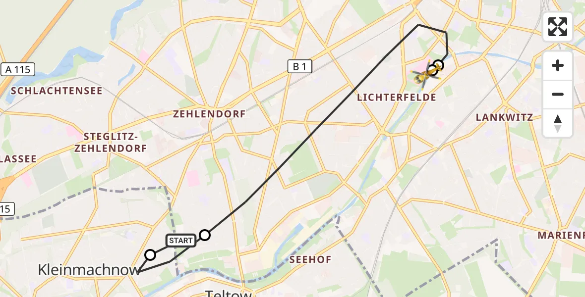 Flugroute Rettungshubschrauber Berlin - Charité Clinic Benjamin Franklin Campus, 25 Oktober 2026, 10:48