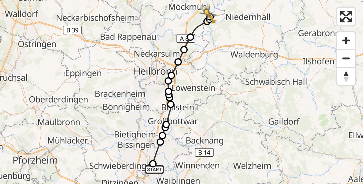Flugroute Rettungshubschrauber Kornwestheim - Jagsthausen, 25 Oktober 2026, 10:55