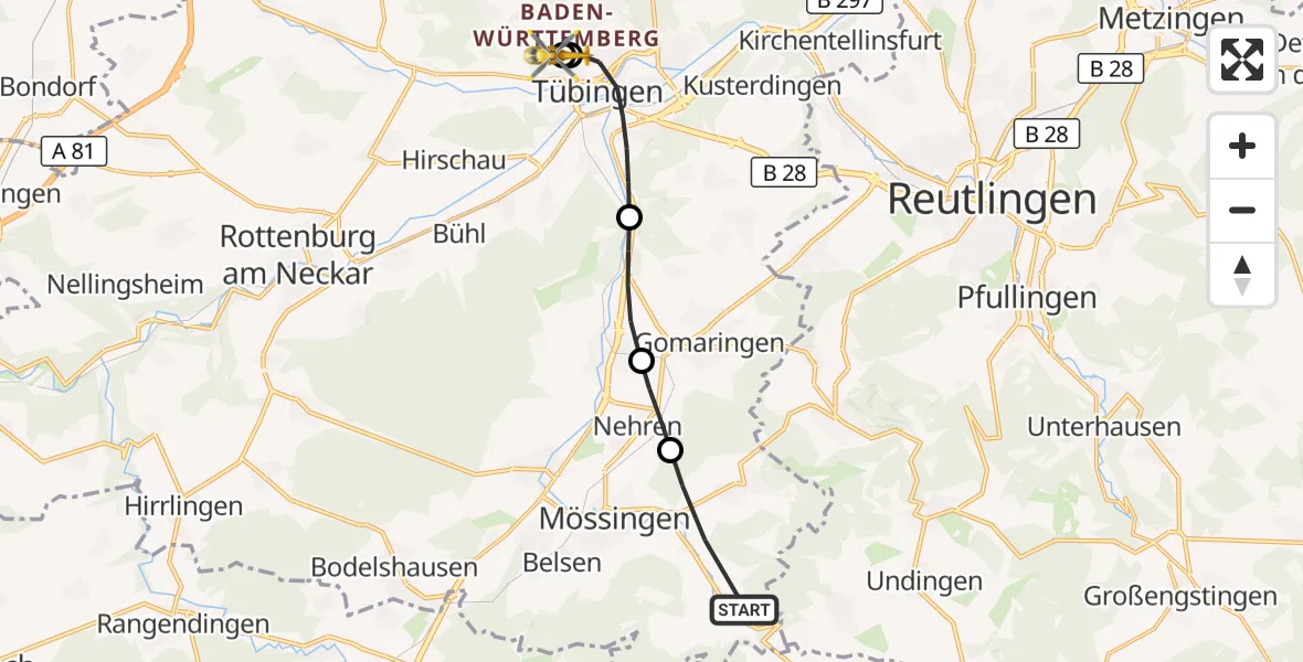 Flugroute Rettungshubschrauber Mössingen - Tübingen University Hospital, 25 Oktober 2026, 11:01