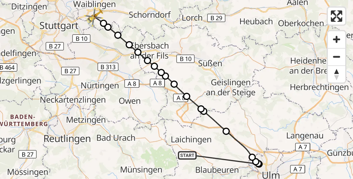 Flugroute Rettungshubschrauber Heroldstatt - Kernen im Remstal, 25 Oktober 2026, 11:09