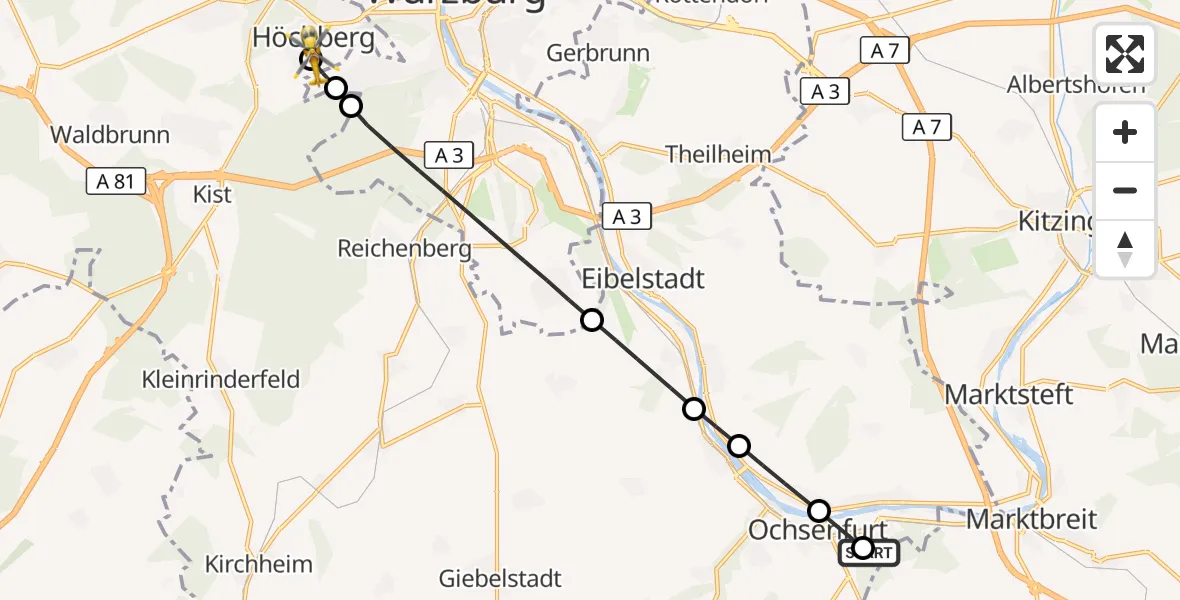 Flugroute Rettungshubschrauber Ochsenfurt Hospital - Höchberg, 25 Oktober 2026, 11:14