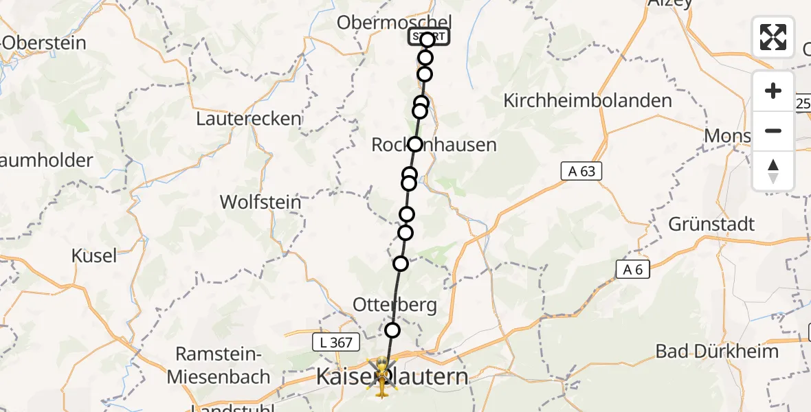 Flugroute Rettungshubschrauber Alsenz - Westpfalz Hospital Kaiserslautern, 25 Oktober 2026, 11:23