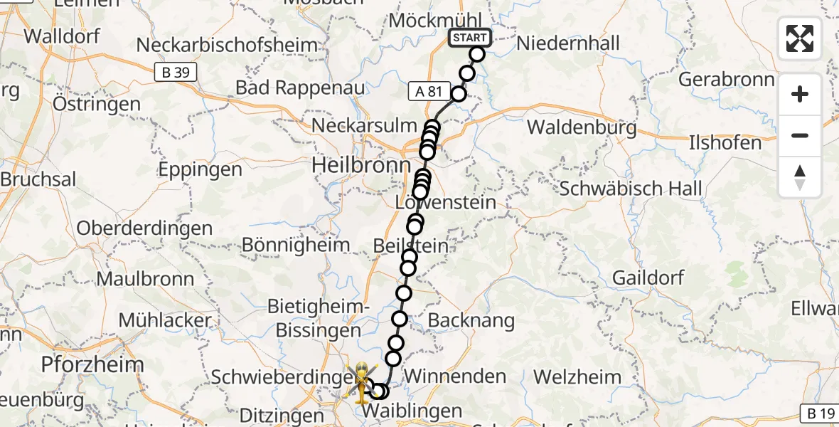 Flugroute Rettungshubschrauber Widdern - Pattonville Flugplatz, 25 Oktober 2026, 11:25