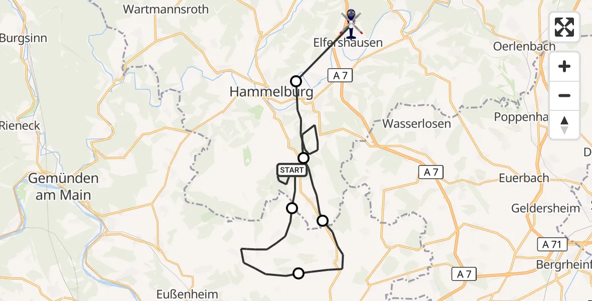 Flugroute Polizeihubschrauber Hammelburg - Elfershausen, 25 Oktober 2026, 11:33