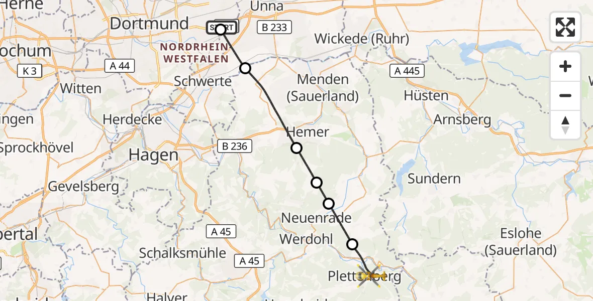 Flugroute Rettungshubschrauber Dortmund Flughafen - Plettenberg, 25 Oktober 2026, 11:33
