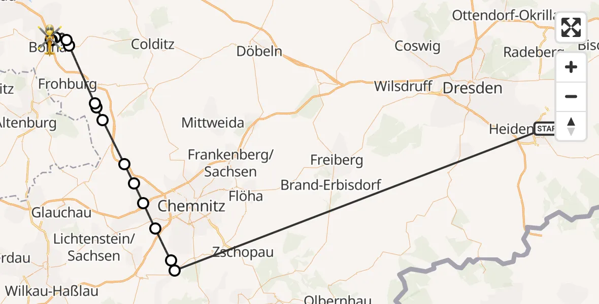 Flugroute Rettungshubschrauber Pirna - Sana Hospital Borna, 25 Oktober 2026, 11:33