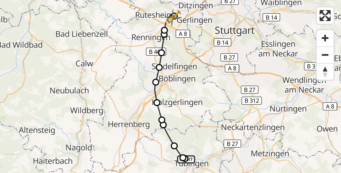 Flugroute Rettungshubschrauber Tübingen University Hospital - Leonberg Hospital, 25 Oktober 2026, 11:35